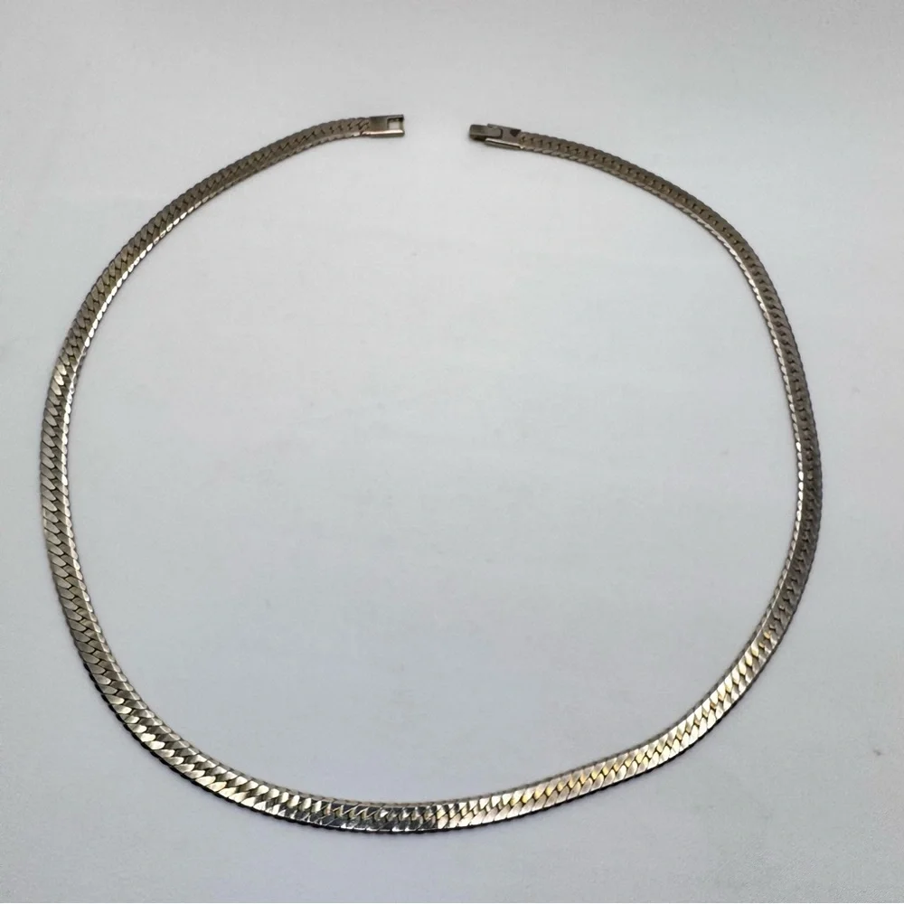Vintage Gold Tone Herringbone Chain Necklace Classic Flat Link Statement